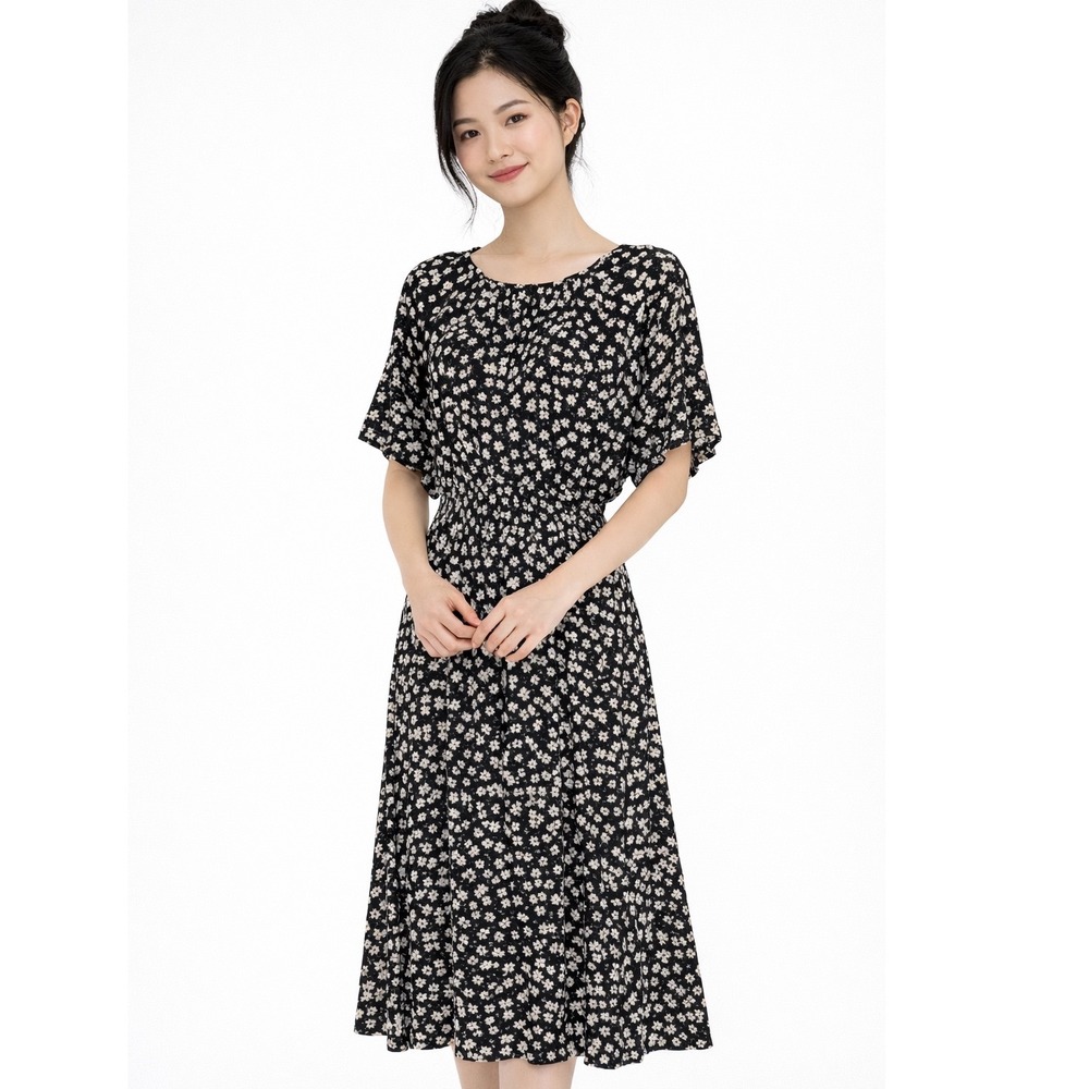 H&M Black Cream‎ Floral Smocked Waist Midi Dress M Cottagecore 102-22